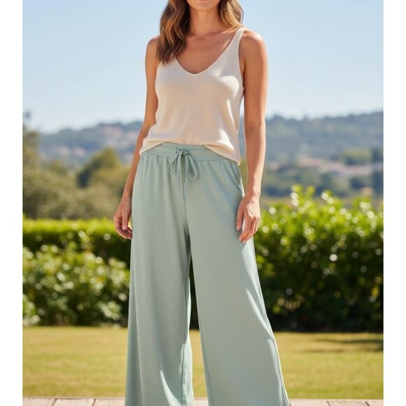 all in motion Pants - All In Motion Womens Green Ribbed Wide Leg Lounge Pants Stretch Pockets Medium